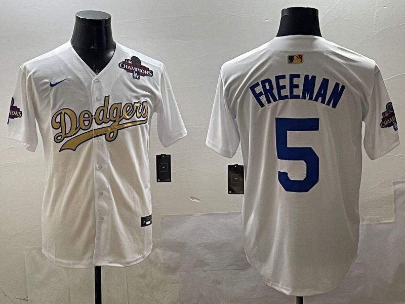 Men Los Angeles Dodgers 5 Freeman White Champion gold character 2025 Nike MLB Jersey style 33111